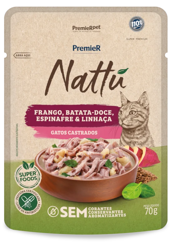 Embalagem de PremieR Nattu Úmidos Gatos Castrados Frango, Batata Doce, Espinafre e Linhaça