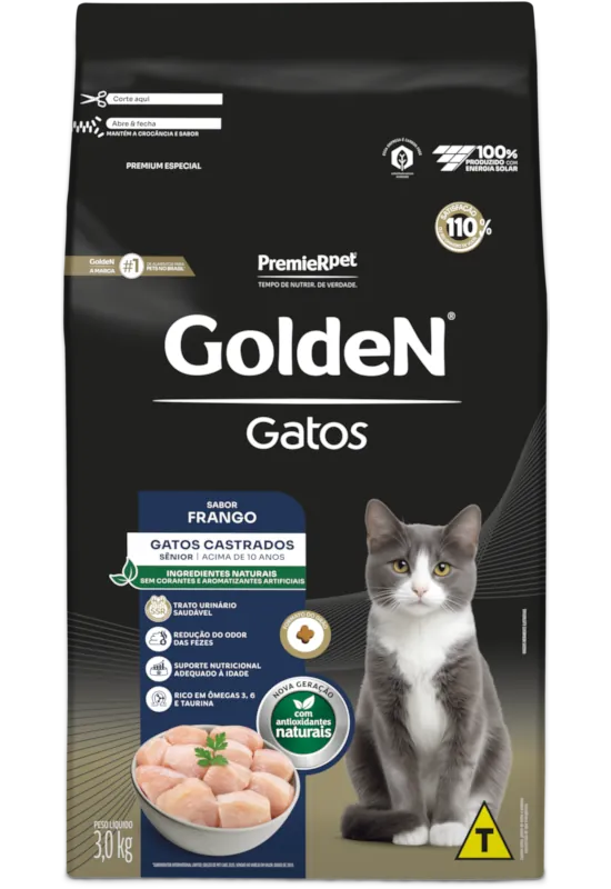 Embalagem de GoldeN Gatos Castrados Sênior Frango, Arroz e Beterraba Branca