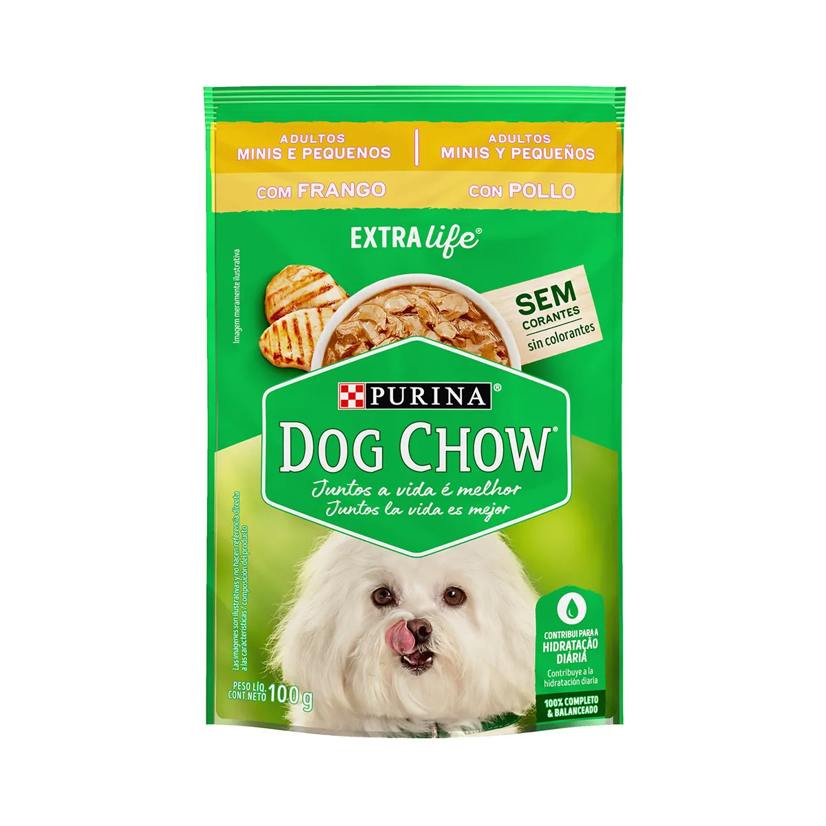 Embalagem de Dog Chow Extralife Cães Adultos Minis e Pequenos Sabor Frango (Sachê)