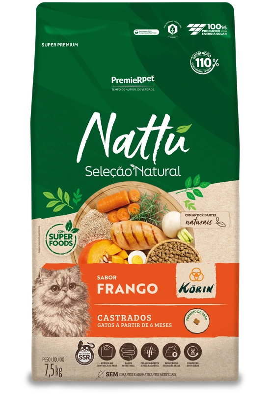 Embalagem de PremieR Nattu Seleção Natural Gatos Castrados Sabor Frango Korin