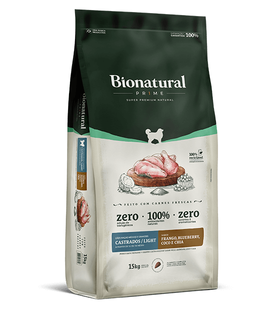 Embalagem de Bionatural Prime Cães Raças Médias e Grandes Castrados e Light Frango