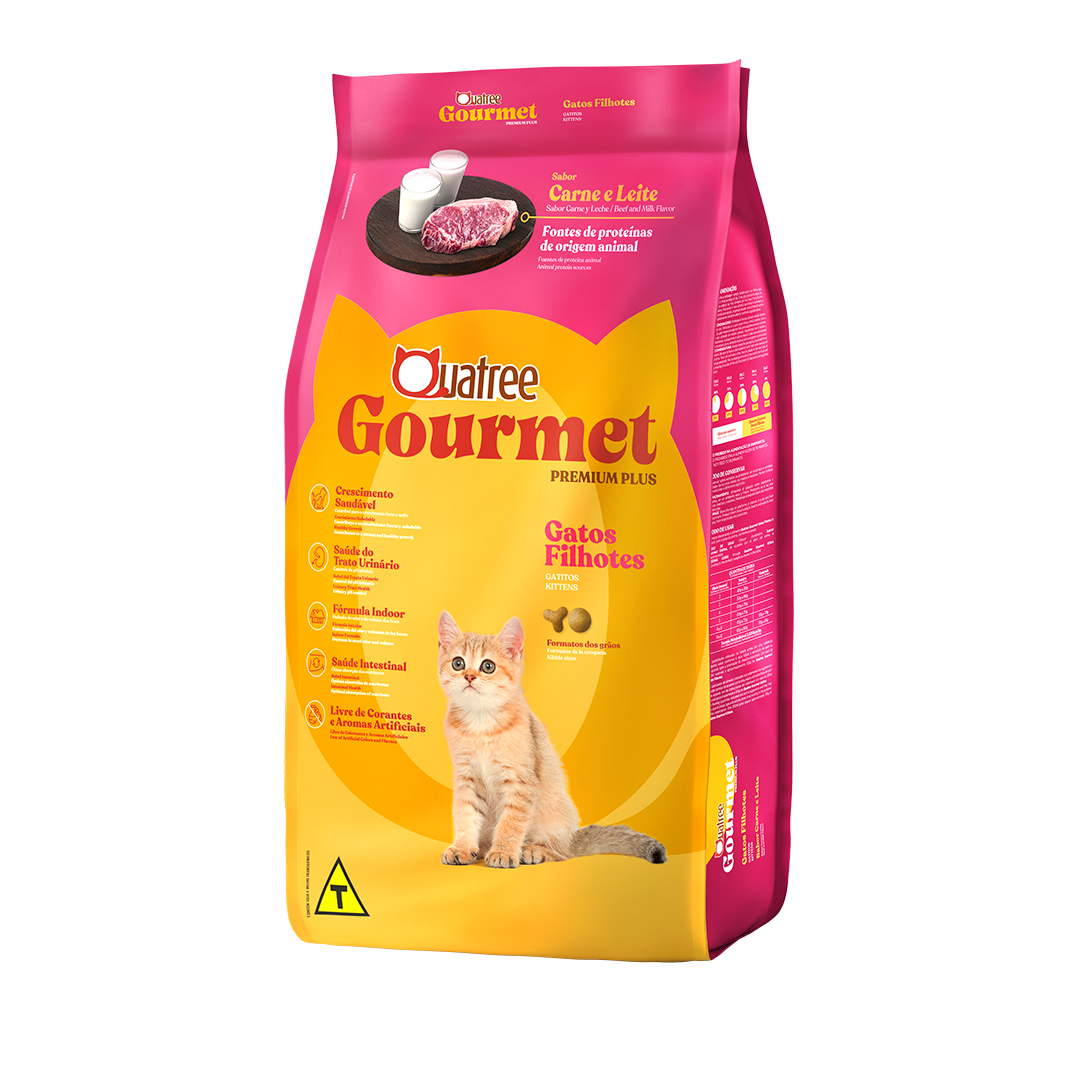 Embalagem de Quatree Gourmet Gatos Filhotes Carne e Leite