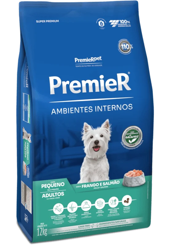 Embalagem de PremieR Ambientes Internos Cães Adultos Porte Pequeno Frango e Salmão