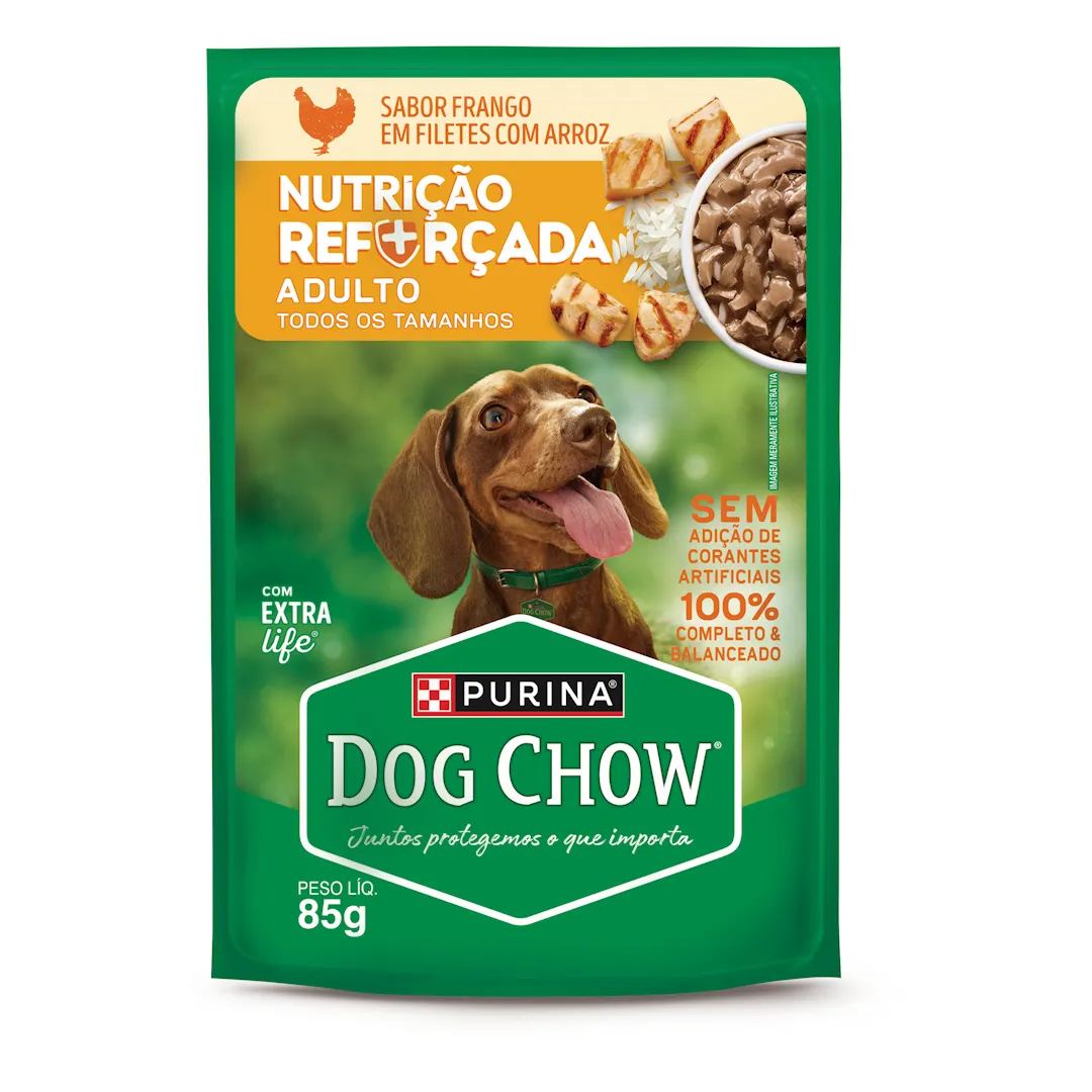 Embalagem de Dog Chow Nutrição Reforçada Adulto Sabor Frango em Filetes com Arroz