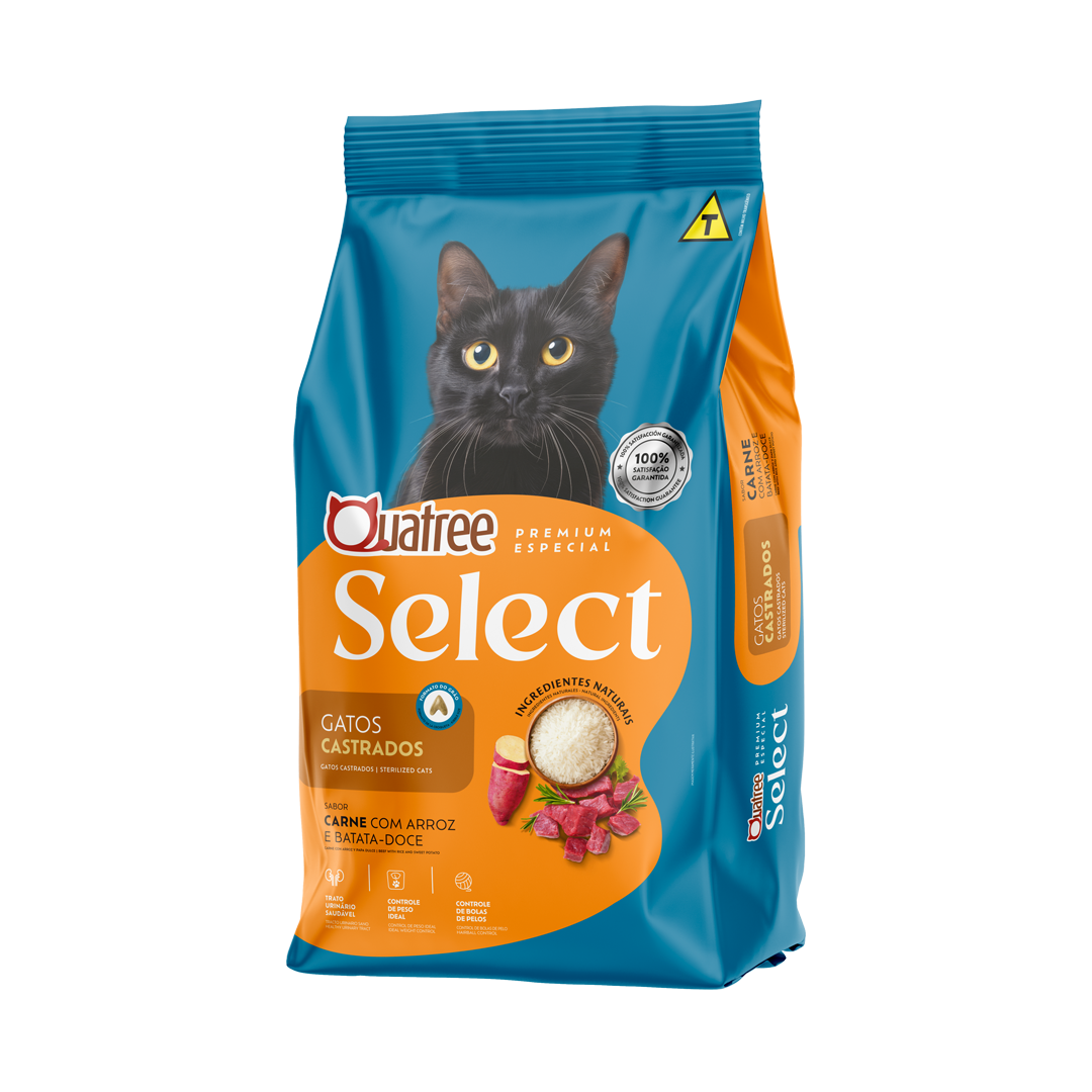 Embalagem de Quatree Select Gatos Castrados Carne com Arroz e Batata-doce