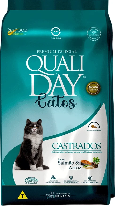 Embalagem de Qualiday Gatos Castrados Sabor Salmão e Arroz