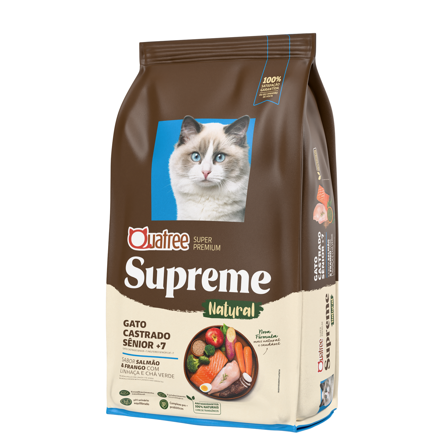 Embalagem de Quatree Supreme Gato Castrado Sênior +7 Salmão e Frango com Linhaça e Chá Verde