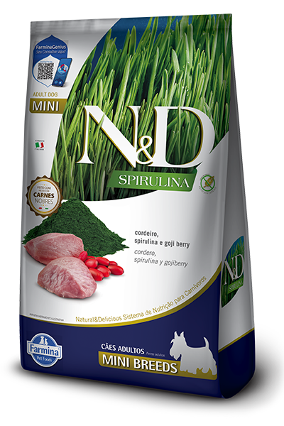 Embalagem de N&D Spirulina canine Cordeiro, Spirulina e Goji Berry Adult Mini