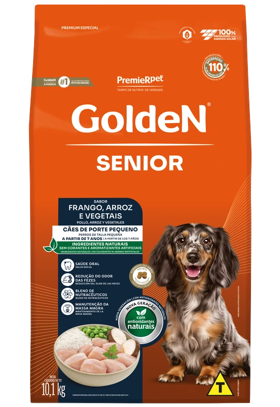 Embalagem de GoldeN Formula Cães Seniores Porte Pequeno Frango e Arroz Mini Bits