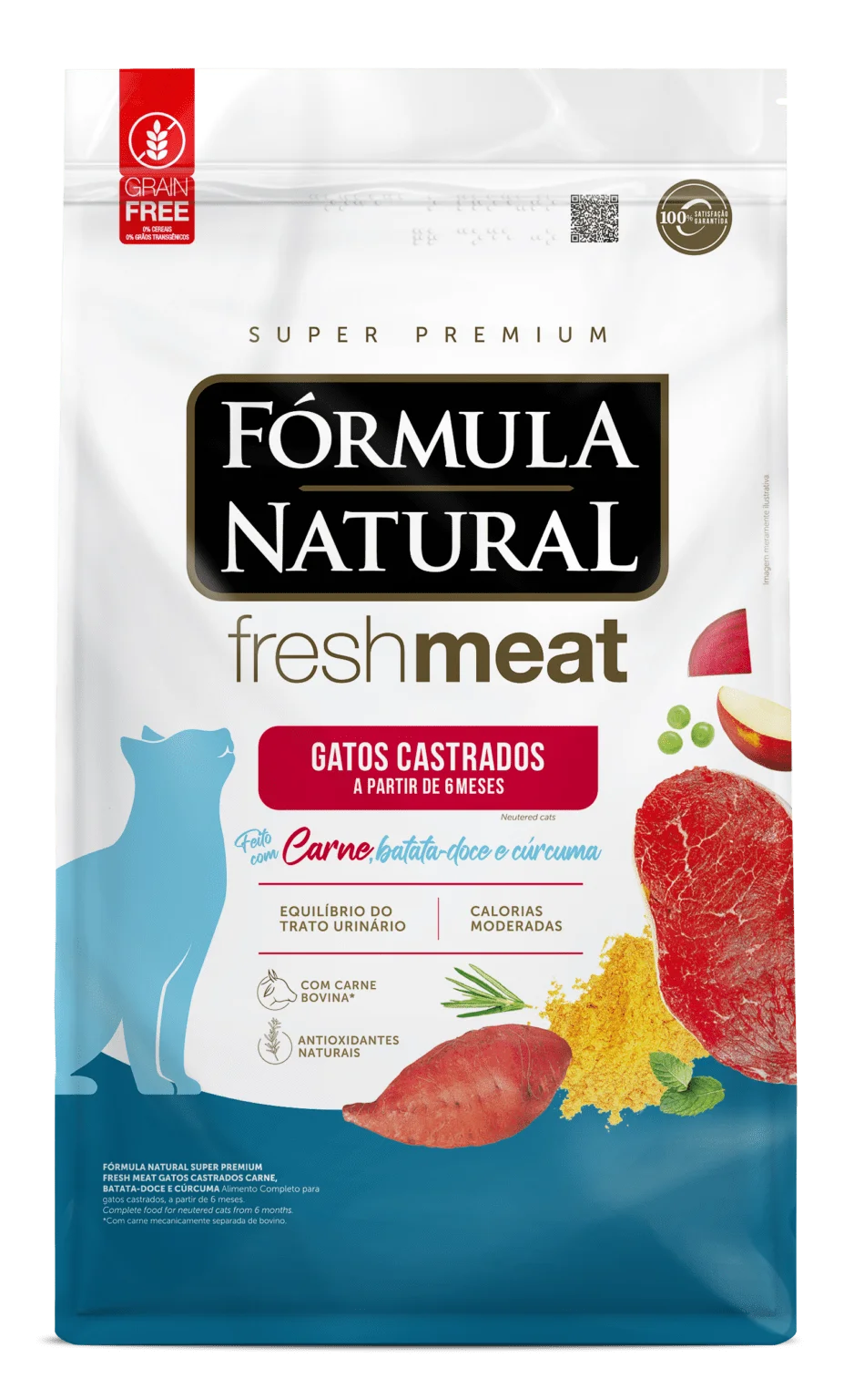 Embalagem de Fórmula Natural Fresh Meat Gatos Castrados Carne, Batata-doce e Cúrcuma