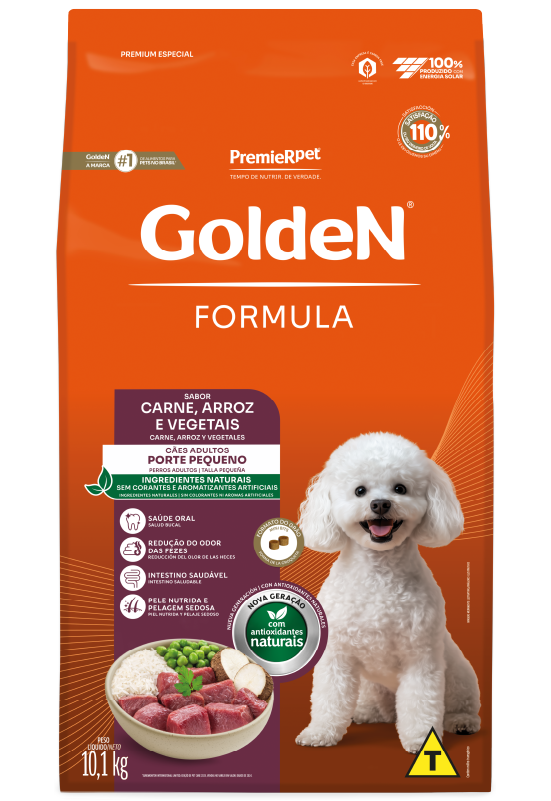 Embalagem de GoldeN Formula Cães Adultos Porte Pequeno Carne e Arroz
