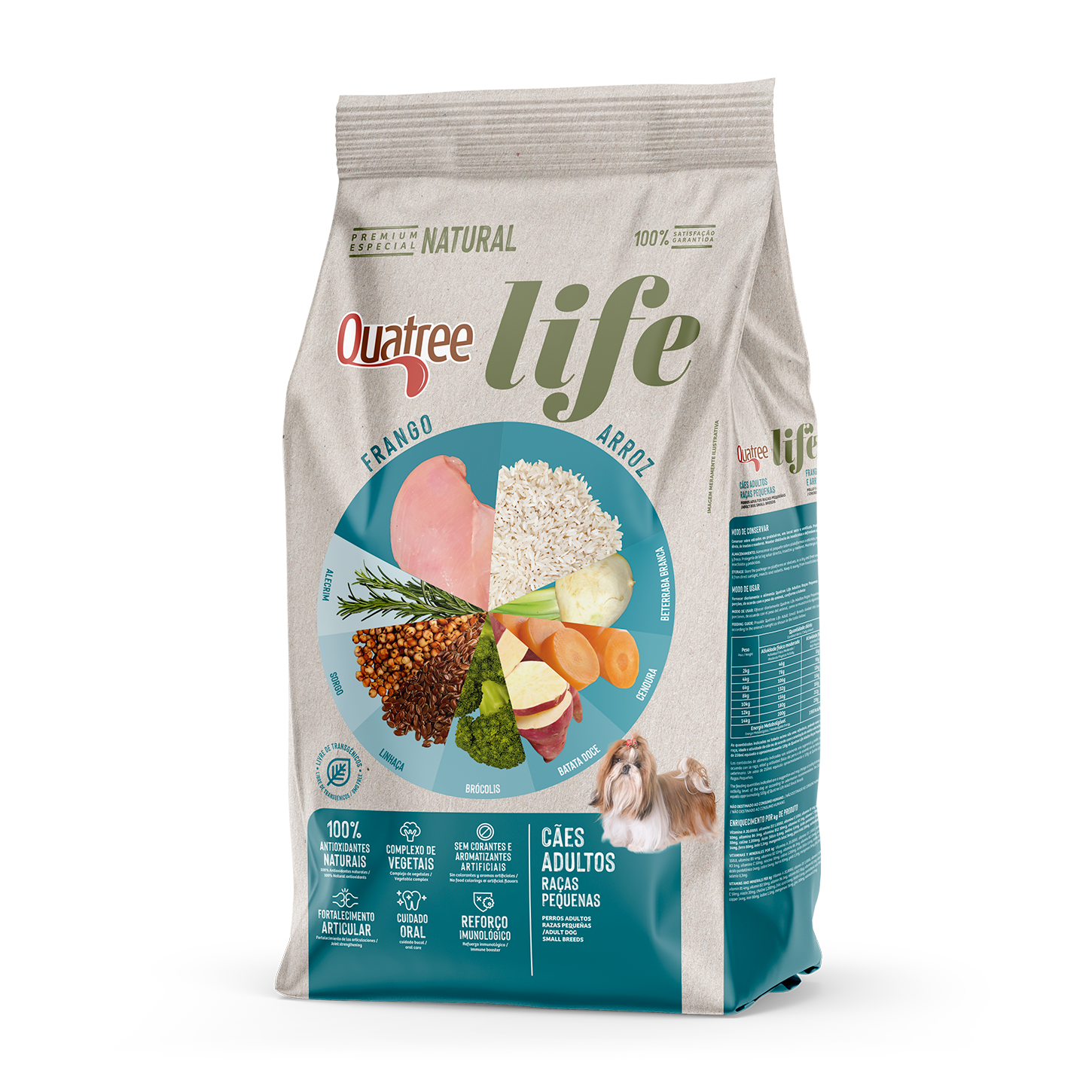 Embalagem de Quatree Life Adultos Raças Pequenas Frango e Arroz