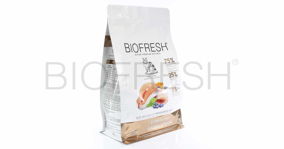Embalagem de Biofresh Gatos Sêniores Peixe Branco, Salmão, Chá Verde, Cúrcuma e Blueberry