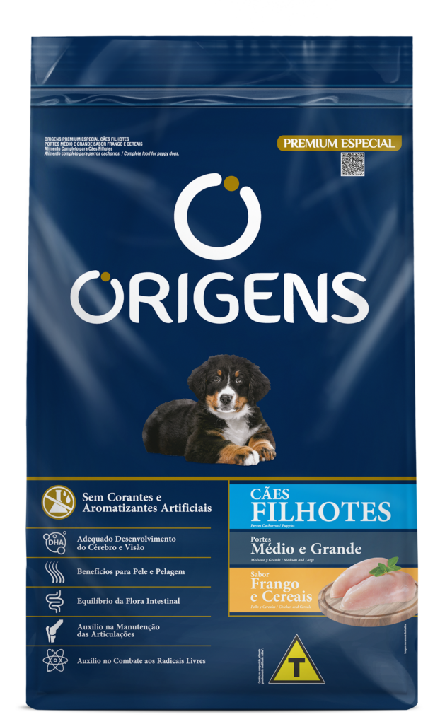 Embalagem de Origens Premium Especial Cães Filhotes Porte Médio e Grande Sabor Frango e Cereais