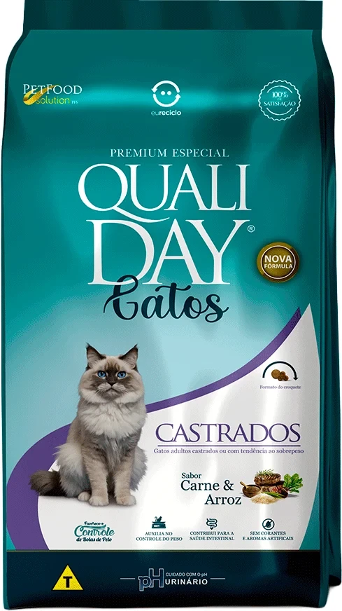 Embalagem de Qualiday Gatos Castrados Sabor Carne e Arroz