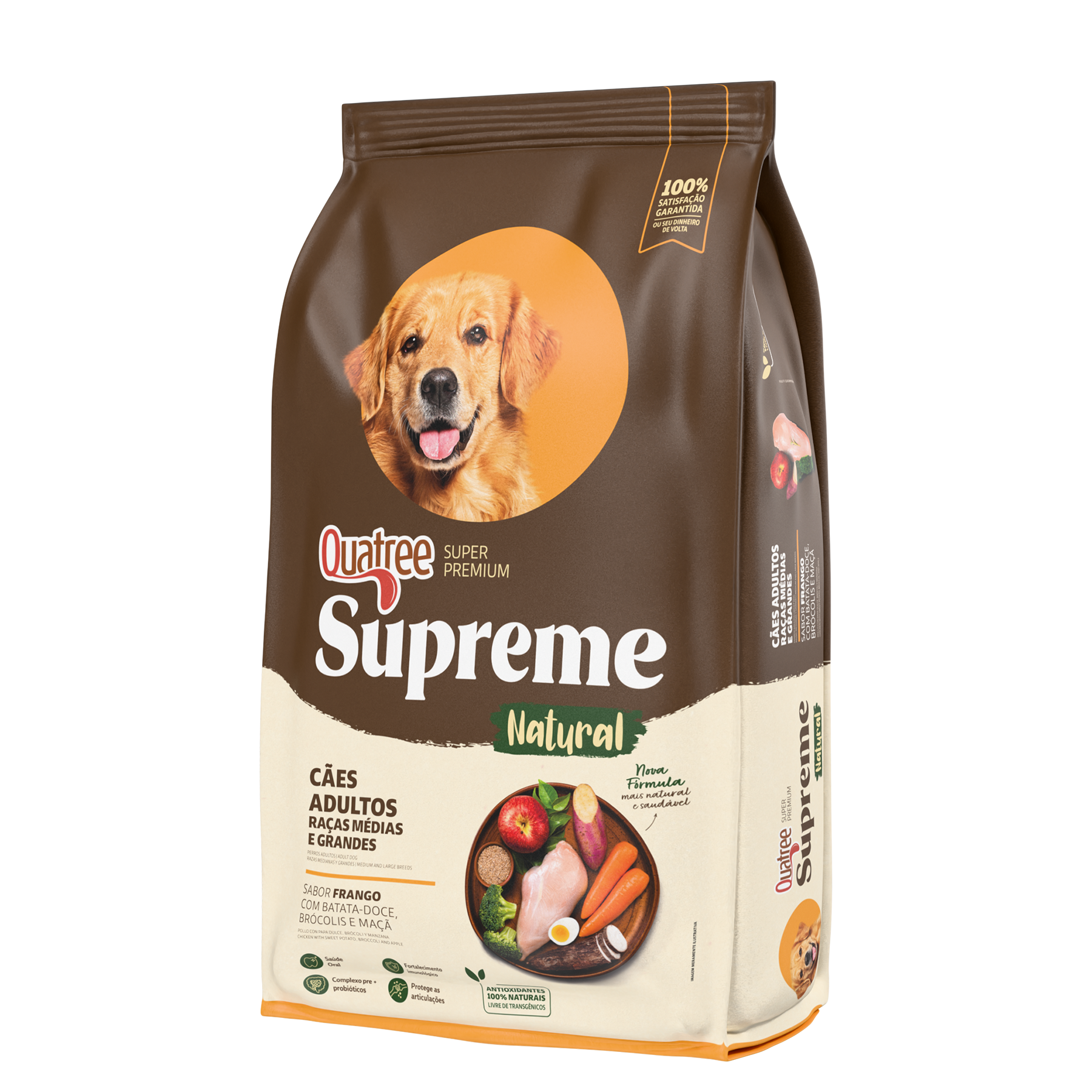 Embalagem de Quatree Supreme Cães Adultos Raças Médias e Grandes Frango com Batata-doce, Brócolis e Maçã