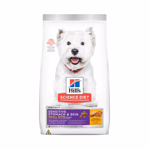 Embalagem de Hill's Science Diet Pele Sensível Pedaços Pequenos Cães Adultos