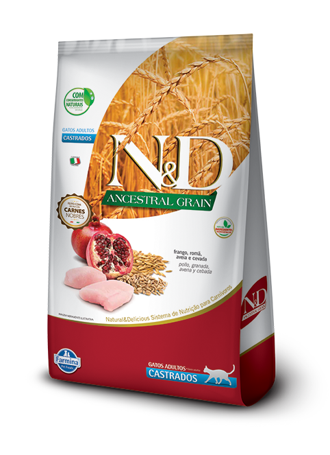 Embalagem de N&D Ancestral Grain Feline Frango & Romã Castrados