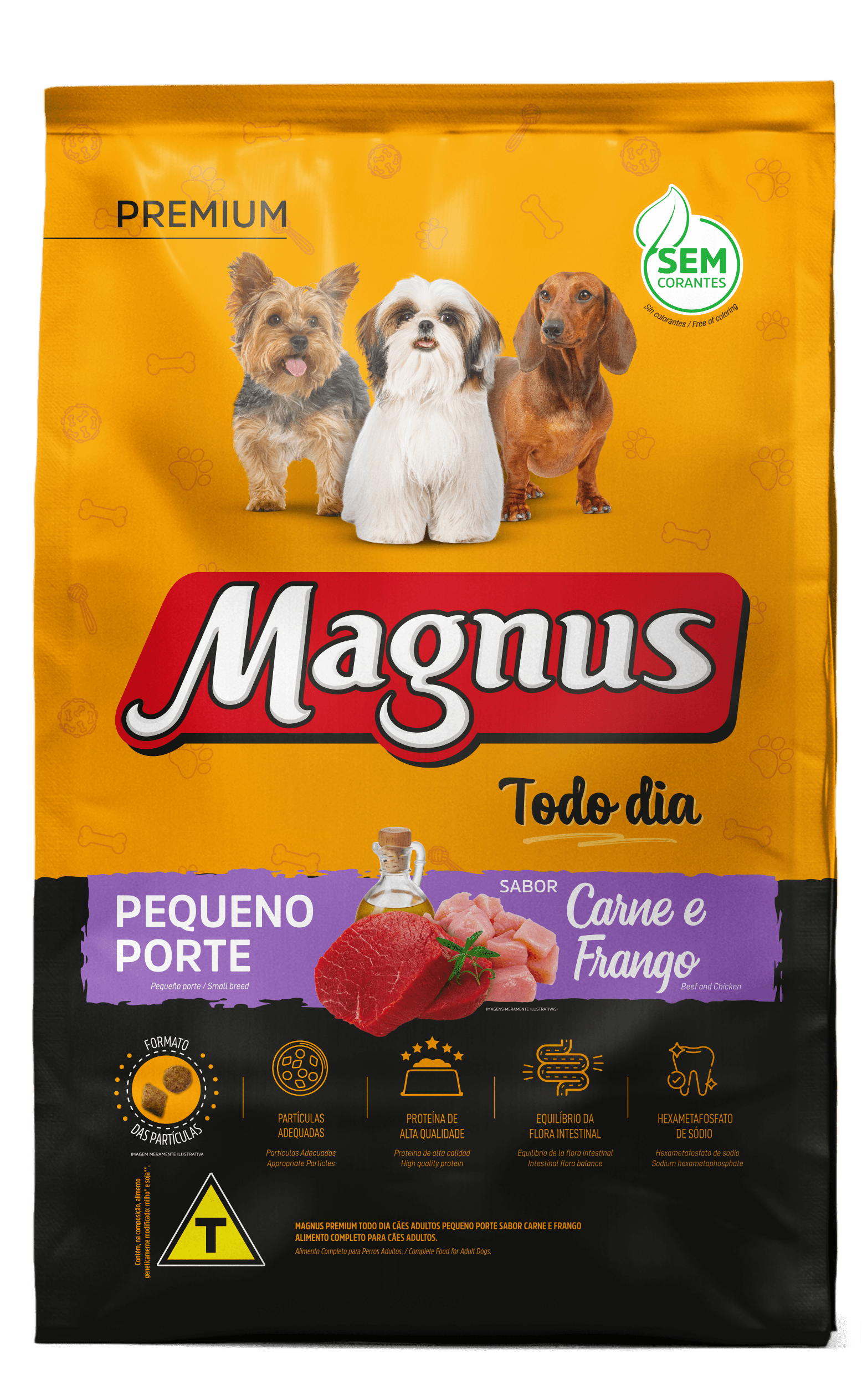 Embalagem de Magnus Premium Todo Dia Cães Adultos Pequeno Porte Sabor Carne e Frango