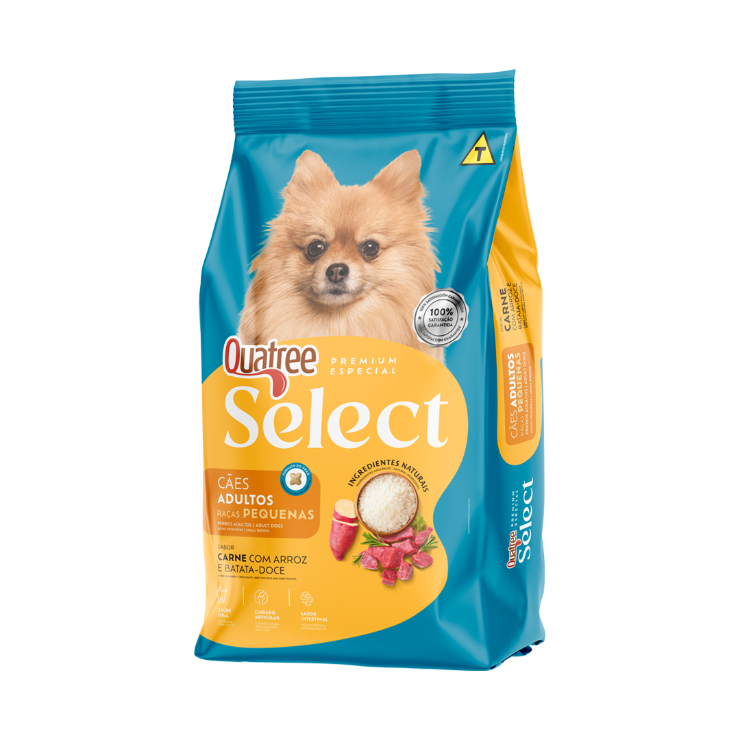Embalagem de Quatree Select Cães Adultos Raças Pequenas Carne com Arroz e Batata-doce