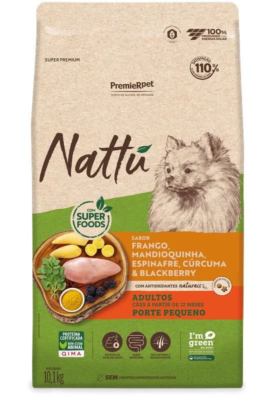 Embalagem de PremieR Nattu Cães Adultos Porte Pequeno Frango Mandioquinha, Espinafre, Cúrcuma & Blackberry