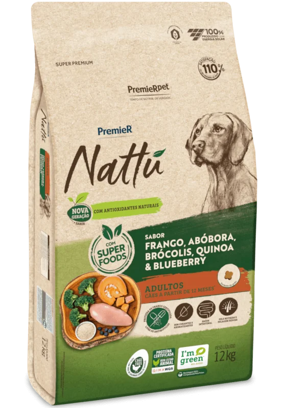 Embalagem de PremieR Nattu Cães Adultos Frango, Abóbora, Brócolis, Quinoa & Blueberry