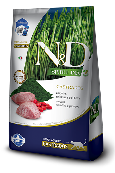 Embalagem de N&D Spirulina feline Cordeiro, Spirulina e Goji Berry Castrados