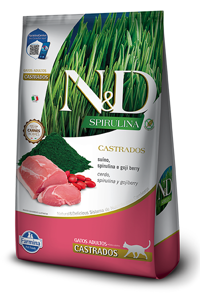 Embalagem de N&D Spirulina feline Suíno, Spirulina e Goji Berry Castrados