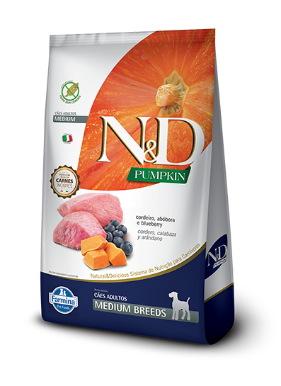 Embalagem de N&D Pumpkin Canine Cordeiro, abóbora e blueberry Adult Medium