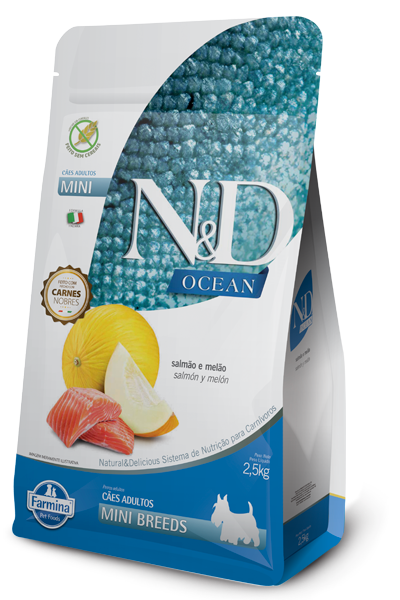 Embalagem de N&D Ocean Canine Salmão e Melão Adult Mini