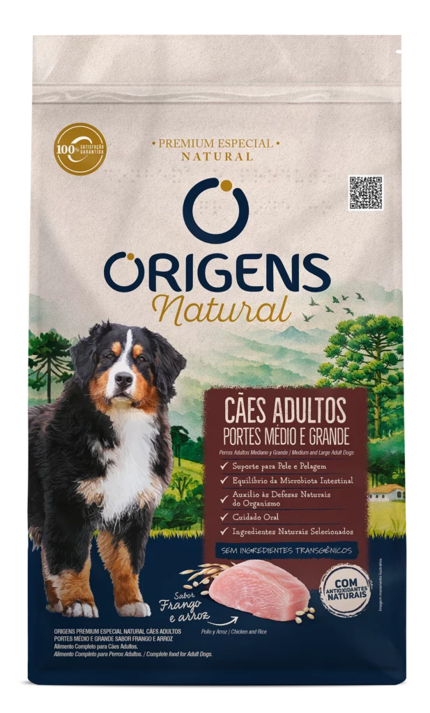 Embalagem de Origens Premium Especial Natural Cães Adultos Portes Médio e Grande Sabor Frango e Arroz