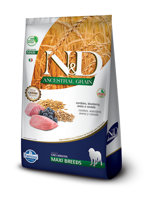 Embalagem de N&D Ancestral Grain Canine Cordeiro & Blueberry Adult Maxi