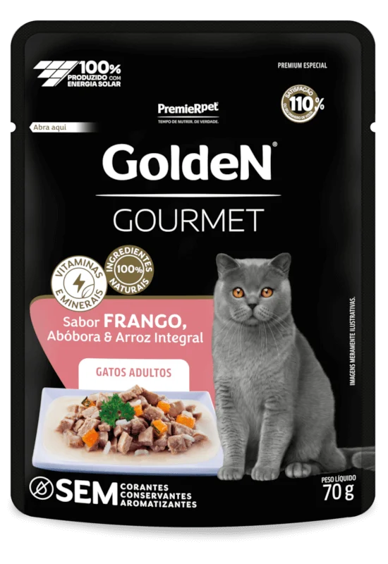 Embalagem de GoldeN Gourmet Gatos Adultos Frango, Abóbora e Arroz Integral
