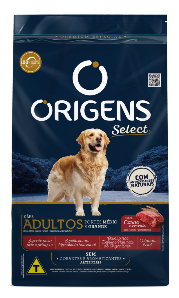 Embalagem de Origens Premium Especial Select Cães Adultos Portes Médio e Grande Sabor Carne e Cereais