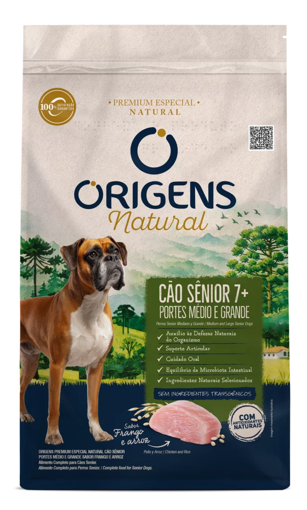 Embalagem de Origens Premium Especial Natural Cão Sênior Portes Médio e Grande Sabor Frango e Arroz