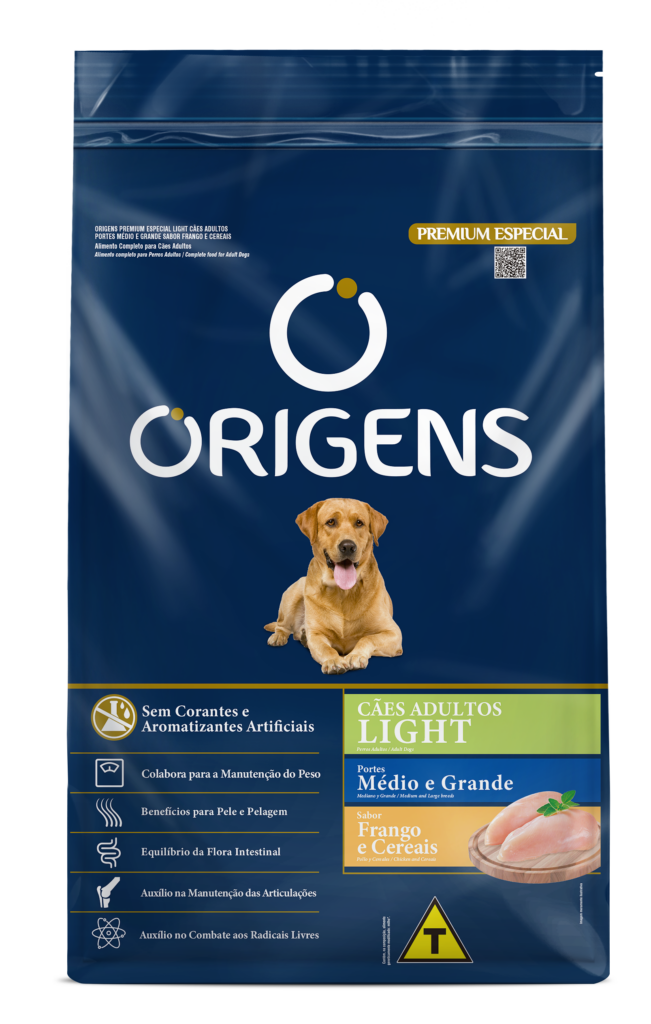 Embalagem de Origens Premium Especial Light Cães Adultos Portes Médio e Grande Sabor Frango e Cereais
