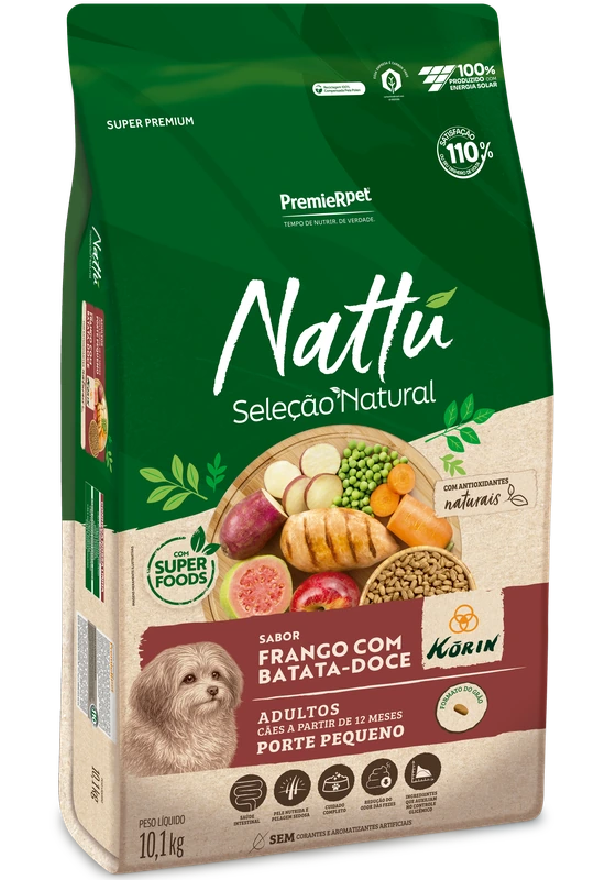 Embalagem de PremieR Nattu Seleção Natural Cães Adultos Porte Pequeno Frango Korin & Batata-doce