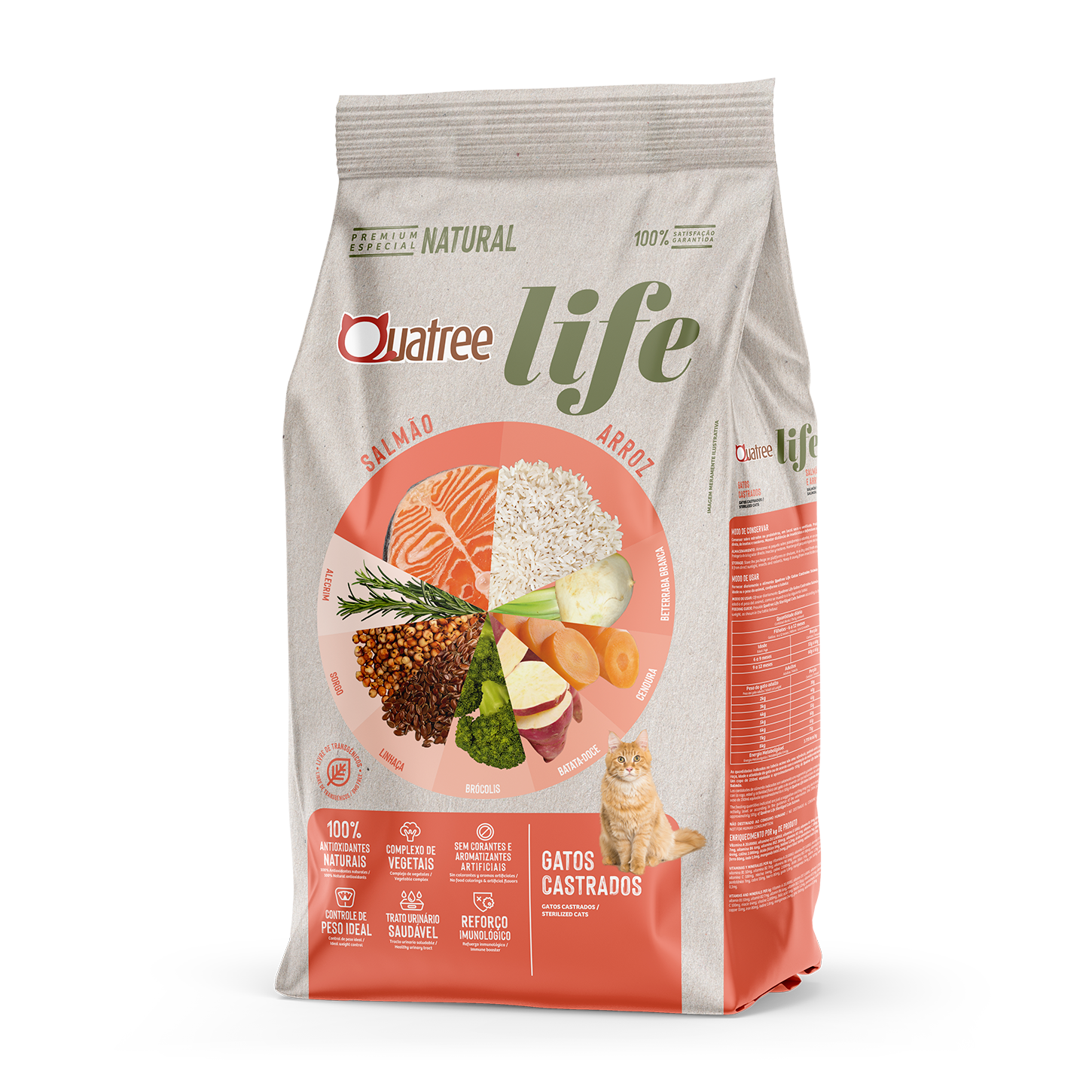 Embalagem de Quatree Life Gatos Castrados Salmão e Arroz