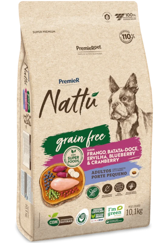 Embalagem de PremieR Nattu Cães Adultos Porte Pequeno Grain Free Frango, Batata Doce, Ervilha, Blueberry e Cranberry