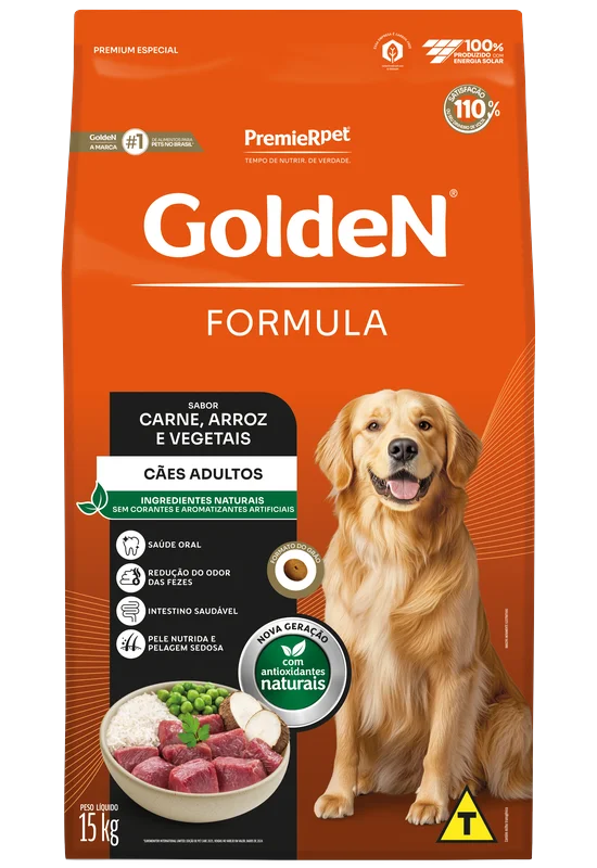 Embalagem de GoldeN Formula Cães Adultos Carne e Arroz
