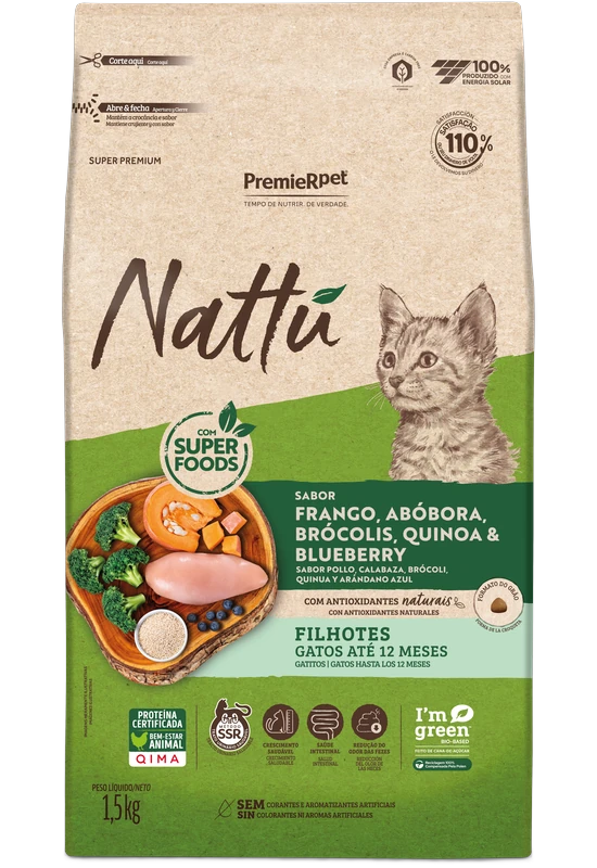 Embalagem de PremieR Nattu Gatos Filhotes Frango, Abóbora, Brócolis, Quinoa e Blueberry
