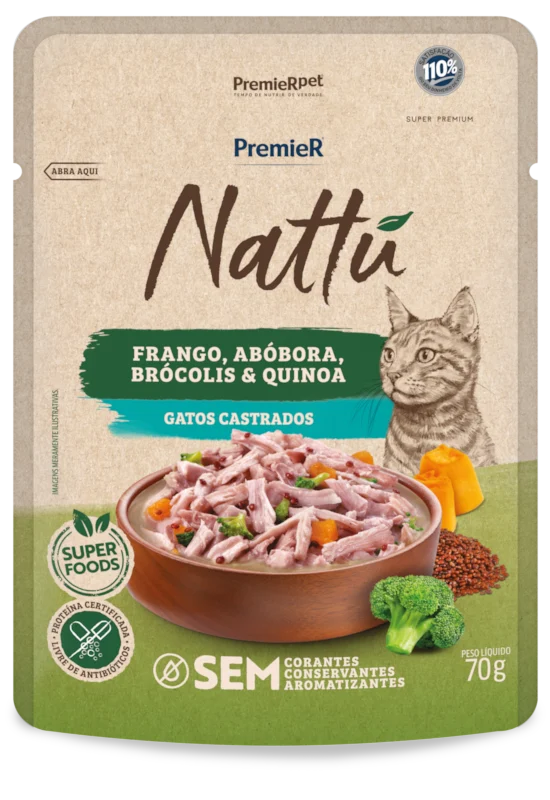 Embalagem de PremieR Nattu Úmidos Gatos Castrados Frango, Abóbora, Brócolis e Quinoa