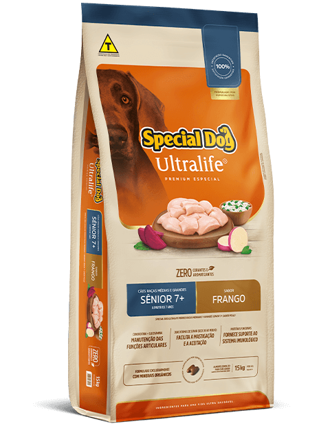 Embalagem de Special Dog Ultralife Cães Raças Médias e Grandes Sênior 7+ Sabor Frango