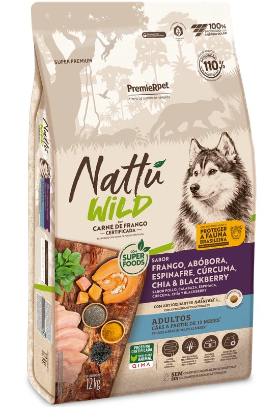 Embalagem de PremieR Nattu Wild Cães Adultos Abóbora e Espinafre