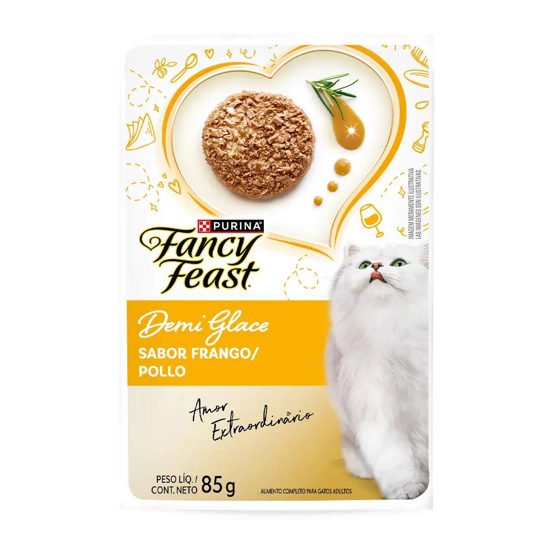 Embalagem de Purina Fancy Feast Demi Glace Frango