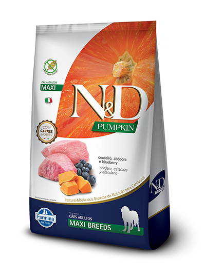 Embalagem de N&D Pumpkin Canine Cordeiro, abóbora e blueberry Adult Maxi
