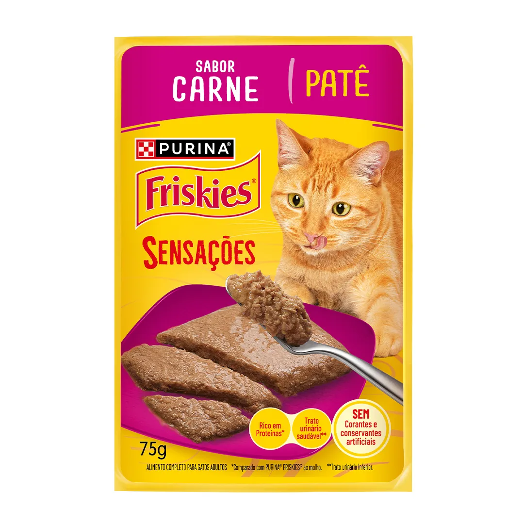 Embalagem de Purina Friskies Patê Sensações para Gatos Adultos Carne