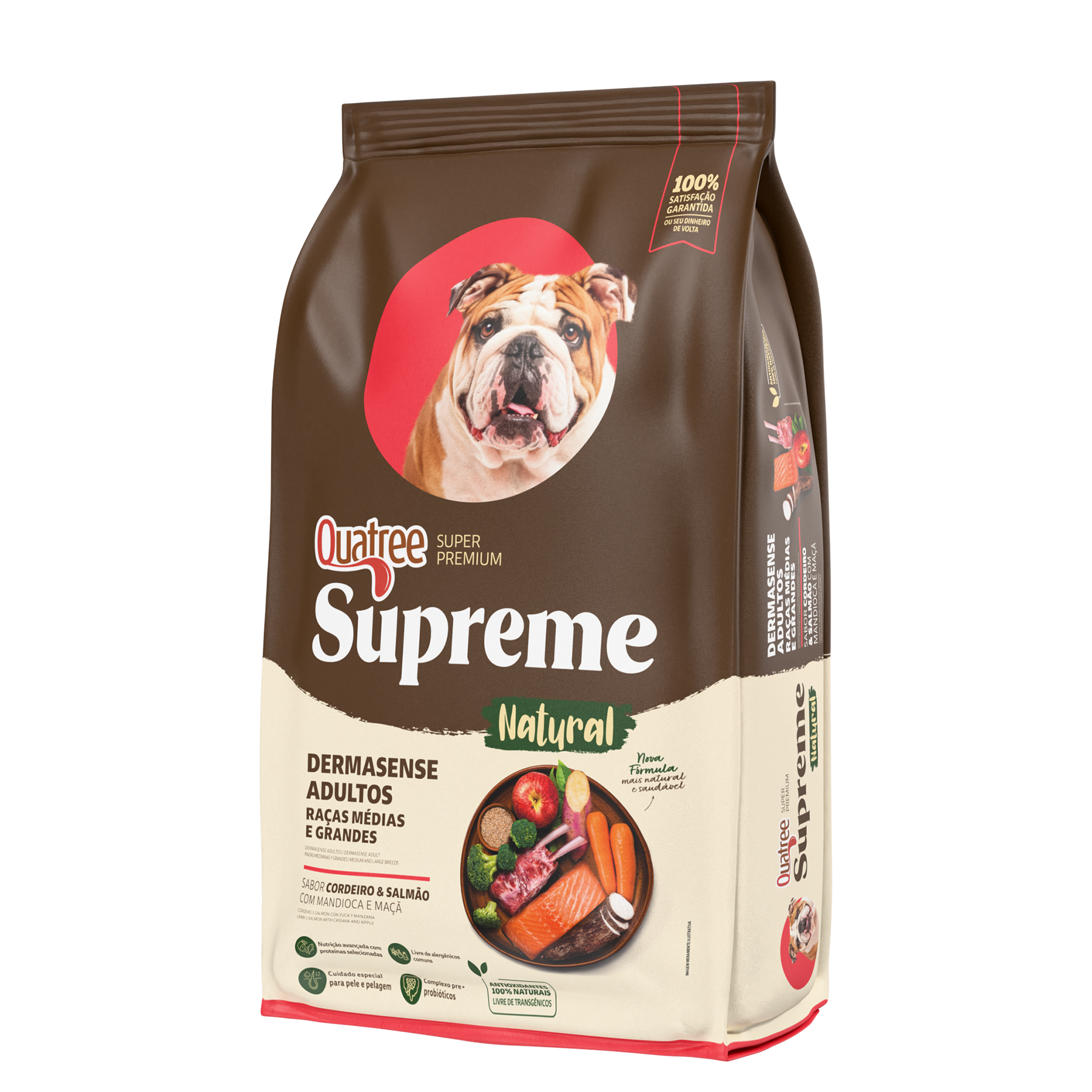 Embalagem de Quatree Supreme Dermasense Adultos Raças Médias e Grandes Cordeiro e Salmão com Mandioca e Maçã