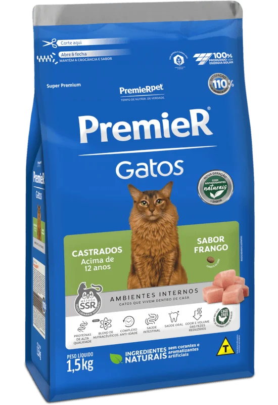 Embalagem de PremieR Gatos Castrados acima de 12 anos Frango