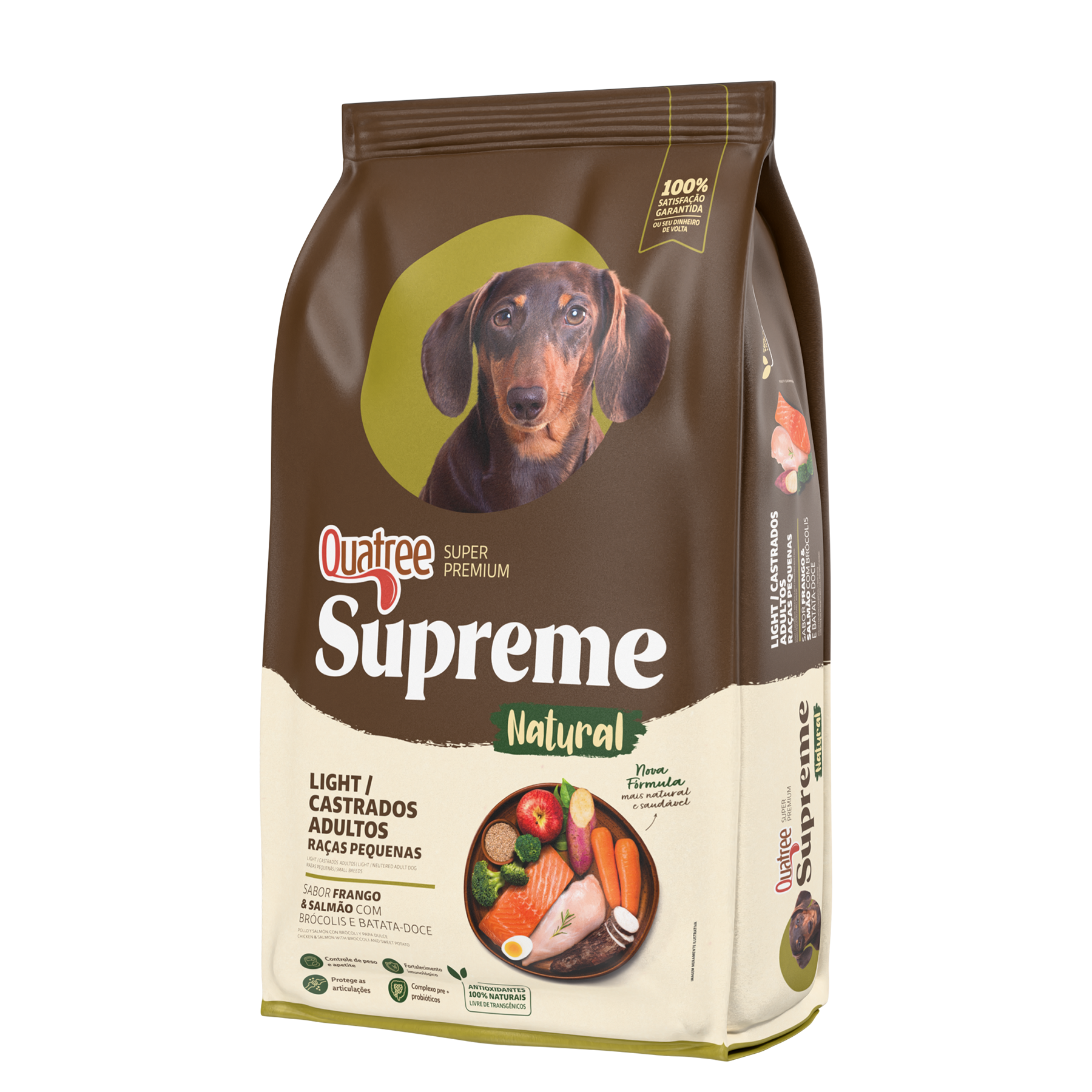 Embalagem de Quatree Supreme Adultos Light e Castrados Raças Pequenas Frango e Salmão com Brócolis e Batata-doce